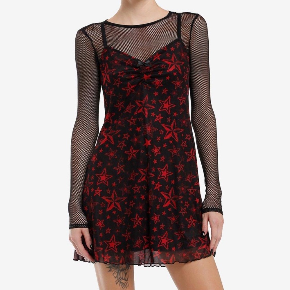 Social Collision Red Star Mesh Twofer Dress Hot‎ Topic